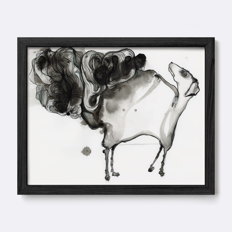 May include: A framed black and white ink wash illustration featuring a stylized dog with a long neck and slender legs, positioned next to a large, swirling, abstract cloud-like form rendered in varying shades of grey and black ink.