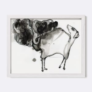 May include: A framed black and white ink wash illustration featuring a stylized dog figure with a large, swirling, abstract cloud-like form extending from its back, rendered in varying shades of gray and black on a white background.