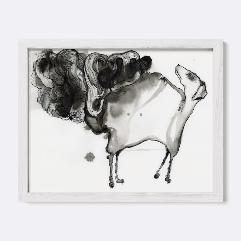 May include: A framed black and white ink wash illustration featuring a stylized dog figure with a large, swirling, abstract cloud-like form extending from its back, rendered in varying shades of gray and black on a white background.