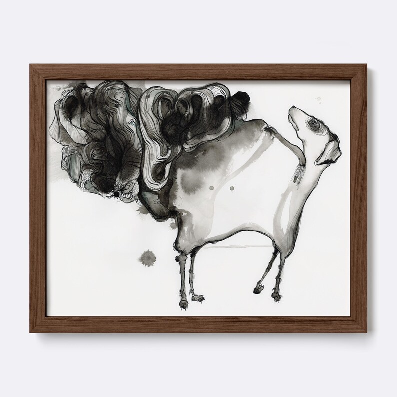 May include: A framed black and white ink wash drawing on paper featuring a stylized, slender four-legged animal with a long neck and head turned upward, contrasted against a large, abstract, swirling mass of dark ink textures and splatters.