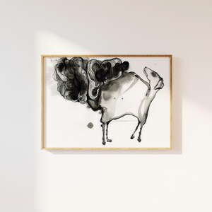 May include: A framed horizontal art print featuring an abstract ink wash illustration of a four-legged creature. The artwork uses varying shades of black and gray ink on a white background, with fluid, swirling lines and organic shapes.
