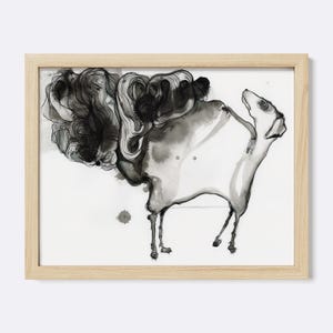 May include: A framed ink wash drawing on white paper featuring a stylized, abstract animal figure with a long neck and thin legs, contrasted by a large, dense, swirling mass of dark black ink strokes that form a cloud-like shape above the body.