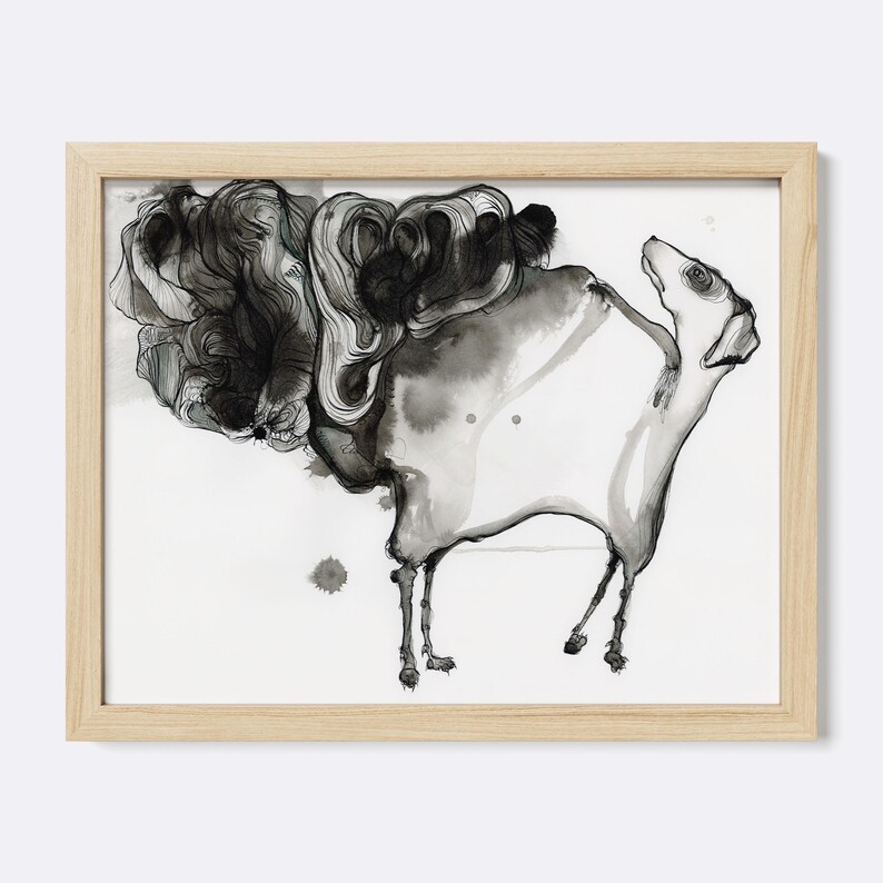 May include: A framed ink wash drawing on white paper featuring a stylized, abstract animal figure with a long neck and thin legs, contrasted by a large, dense, swirling mass of dark black ink strokes that form a cloud-like shape above the body.