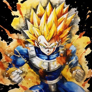 May include: Watercolor illustration of a character with spiky yellow hair and determined expression. The character is wearing blue and white armor with a determined expression. The background features orange and black watercolor splashes, creating a dynamic and energetic feel.