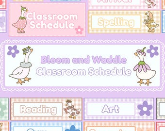 Karty z codziennym planem zajęć Bloom and Waddle | Pastelowa kratka Gingham | Motyw Silly Goose | Szablon Canva