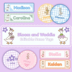 Peut inclure: Une collection d'étiquettes nominatives rectangulaires et circulaires illustrées d'oies portant des chapeaux et des tenues florales. Les motifs incluent des carreaux vichy, des couleurs pastel et le texte Bloom and Waddle Editable Name Tags, ainsi que divers prénoms comme Madison, Caroline, Harper, Mason, Mia, Miley, Stella et Kaiden.