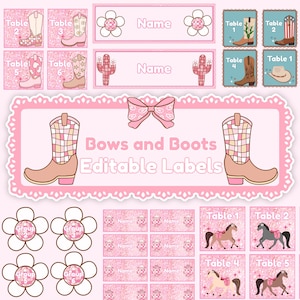May include: A collection of printable labels featuring pink and brown cowboy boots, horses, flowers, and disco balls. The central rectangular label displays the text Bows and Boots Editable Labels with a pink bow icon above the text and boot graphics.