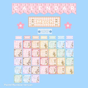 Może przedstawiać: Kalendarz do druku na marzec 2027 roku z pastelowym wzorem w kratkę gingham. Projekt zawiera baner z napisem CALENDAR, nagł&oacute;wek dla marca z ilustracjami gęsi oraz poszczeg&oacute;lne kwadraty z datami od 1 do 31 z wizerunkami gęsi.