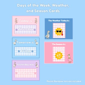 Może przedstawiać: Zestaw kart edukacyjnych zatytułowanych Days of the Week, Weather, and Season Cards. Karty mają pastelowe tła, wzory w kratkę vichy i ilustracje gęsi. Tekst zawiera Today is: Thursday, Tomorrow is: Friday, Yesterday was: Wednesday, The Weather Today Is: HOT oraz The Season is: SUMMER.