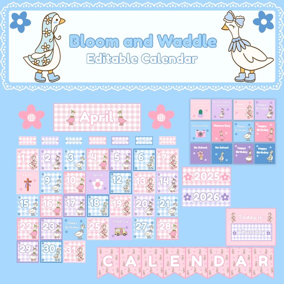 Bloom and Waddle Classroom Calendar | Pastel Gingham Silly Goose Theme | Editable Canva Template