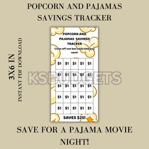 Popcorn and Pajamas Savings Challenge | Save 25 Printable | Fun at Home Budget Tracker | A6 Cash Envelope Insert