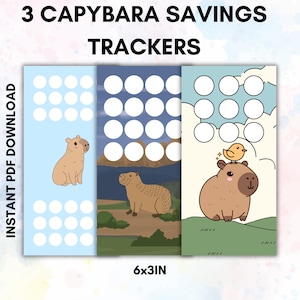 May include: Three capybara savings trackers with a light blue, blue, and cream background. Each tracker features a capybara illustration and white circles for tracking savings. The text "3 CAPYBARA SAVINGS TRACKERS" and "INSTANT PDF DOWNLOAD" are visible.