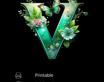 Lettera floreale V, clipart monogramma botanico, decorazione murale per cameretta dei bambini, design a sublimazione, iniziale floreale, download digitale, alfabeto Cottagecore