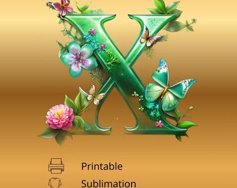 Lettera floreale X, clipart monogramma botanico, decorazione murale per cameretta dei bambini, design a sublimazione, iniziale floreale, download digitale, alfabeto Cottagecore