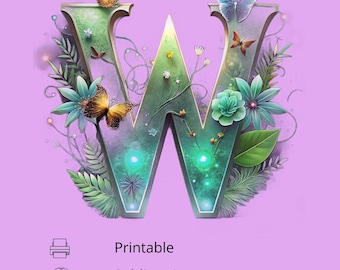 Lettera floreale W, clipart monogramma botanico, decorazione murale per cameretta dei bambini, design a sublimazione, iniziale floreale, download digitale, alfabeto Cottagecore