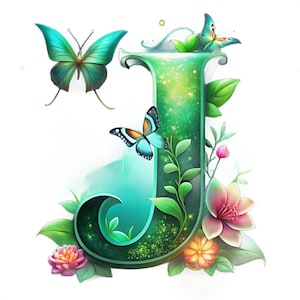 Può includere: Una lettera "J" turchese decorata con farfalle, fiori e foglie. La lettera presenta un effetto sfumato, che passa da un turchese più scuro a un verde chiaro e luminoso. Diverse farfalle con ali turchesi e nere sono sparse intorno alla lettera.
