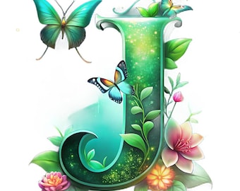 Floral Letter J Monogram, Glowing Initial, Digital Download Wall Art, Personalized Gift, Nursery Decor