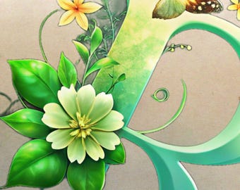 Lettera floreale R, clipart monogramma botanico, decorazione murale per cameretta dei bambini, design a sublimazione, iniziale floreale, download digitale, alfabeto Cottagecore