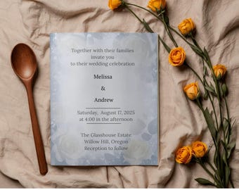 Suite di inviti per matrimonio con rose blu a basso consumo di inchiostro, modello Canva modificabile ed ecologico, cancelleria minimalista con fiori blu polvere