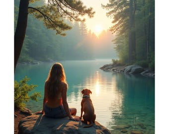 Forest Lake Sunrise Print – Girl and Dog Nature Wall Art, Misty Pine Forest Poster, Teal Water Landscape, Calm Outdoor Decor