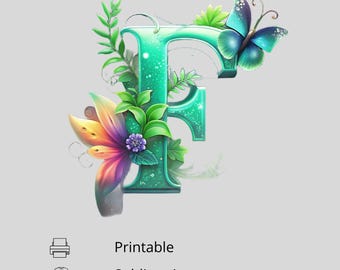 Lettera floreale F, clipart monogramma botanico, decorazione murale per cameretta dei bambini, design a sublimazione, iniziale floreale, download digitale, alfabeto Cottagecore