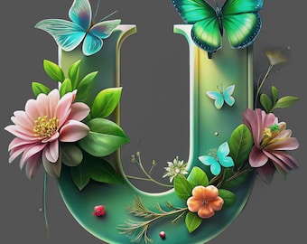 Monogramma floreale con lettera U, iniziale luminosa, download digitale di decorazioni murali, regalo personalizzato, decorazione per la cameretta dei bambini