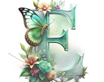 Floral Letter E Monogram, Glowing Initial, Digital Download Wall Art, Personalized Gift, Nursery Decor