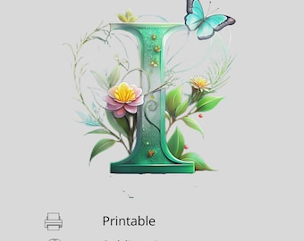 Lettera floreale I, clipart monogramma botanico, decorazione murale per cameretta dei bambini, design a sublimazione, iniziale floreale, download digitale, alfabeto Cottagecore