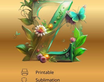 Lettera floreale Z, clipart monogramma botanico, decorazione murale per cameretta dei bambini, design a sublimazione, iniziale floreale, download digitale, alfabeto Cottagecore