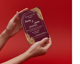 Modello Canva per inviti di nozze | Eleganza francese color oro bordeaux | Set modificabile da 5 pezzi | Download immediato