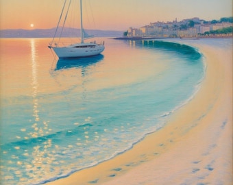 Quadro impressionista con barca a vela al tramonto, stampa su tela con paesaggio costiero, decorazione romantica con paesaggio marino sulla spiaggia, dipinto nautico, download digitale