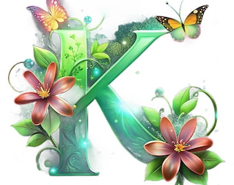 Floral Letter K Monogram, Glowing Initial, Digital Download Wall Art, Personalized Gift, Nursery Decor