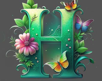 Monogramma floreale con lettera H, iniziale luminosa, download digitale di decorazioni murali, regalo personalizzato, decorazione per la cameretta dei bambini