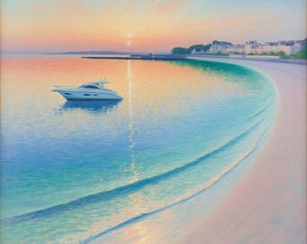 Moderna arte murale raffigurante un paesaggio marino su uno yacht, stampa impressionista dell'alba sull'oceano, decorazione dell'orizzonte cittadino, acquerello in stile Monet, arte estetica della casa sulla spiaggia