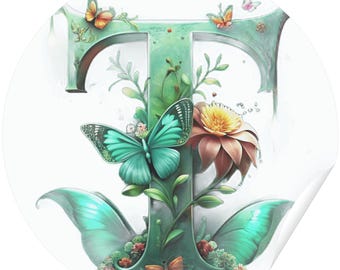 Floral Letter T Monogram, Glowing Initial, Digital Download Wall Art, Personalized Gift, Nursery Decor