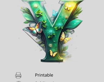 Lettera floreale Y, clipart monogramma botanico, decorazione murale per cameretta dei bambini, design a sublimazione, iniziale floreale, download digitale, alfabeto Cottagecore