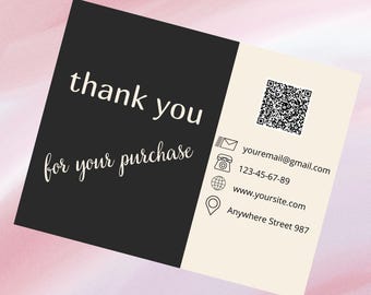 Minimalist Thank You Card - Black and Beige Business Insert, Printable Small Business Thank You Note with QR Code