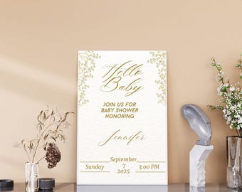 Invito per baby shower neutro – "Hello Baby" Fiori dorati, modello minimalista Canva – PDF modificabile