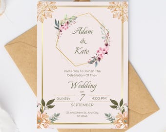 Modello elegante per invito di nozze – Cornice mandala dorata, esagono floreale, beige neutro – Canva modificabile / PDF