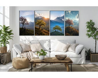 Set di 4 stampe murali con paesaggi primaverili, stampe di paesaggi montani, stampe di mimose gialle, download digitale, decorazioni murali naturalistiche, vista serena sul lago