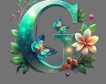 Monogramma floreale con lettera G, iniziale luminosa, download digitale di decorazioni murali, regalo personalizzato, decorazione per la cameretta dei bambini