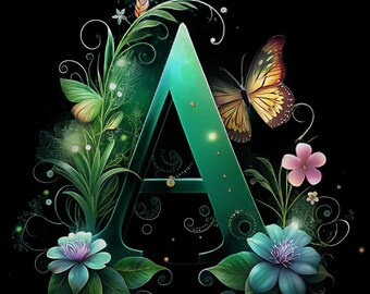 Lettera A luminosa floreale in formato PNG | Iniziale dell'alfabeto botanico | Monogramma floreale luminoso | Sfondo trasparente | Download digitale