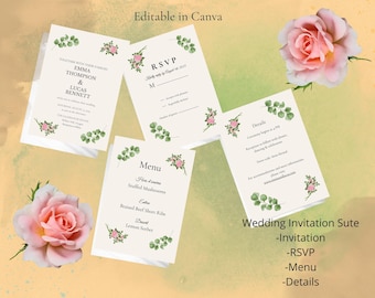 Suite di inviti di nozze minimalisti vintage - Modello modificabile Canva | Invito + RSVP + Menù + Dettagli | PDF+JPG stampabili