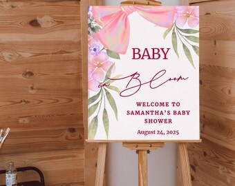 Invito floreale "Baby in Bloom" – Fiori rosa e blu, fiocco decorativo – Modello Canva