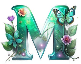 Floral Letter M Monogram, Glowing Initial, Digital Download Wall Art, Personalized Gift, Nursery Decor