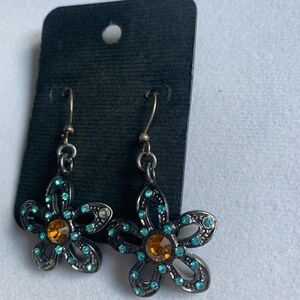 Sea Flower Blue and Orange Earrings, Hypoallergenic Sterling Ear Hooks
