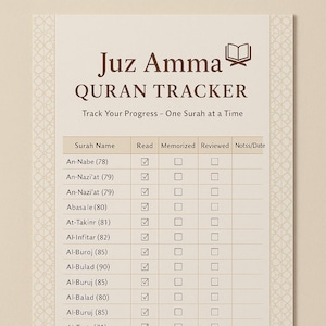 Juz Amma Quran Tracker | Surah Memorization and Reading Log | Islamic Printable for Kids & Adults | Quran Journal Page