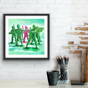 May include: A group of green plastic toy soldiers standing in a line, with one pink soldier in the middle. The soldiers are holding toy guns and are standing on a green and blue background.