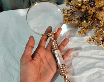 Vintage Brass Magnifying Glass: Mother of Pearl Handle, Map Reading gift for everyone|