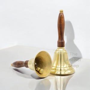 Premium Handheld Service Bell - Large Solid Brass Call Bell with Wooden Handle, Loud Ringing, 8&quot;x 5&quot; Perfect for Church, Restaurant Hotel,